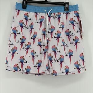 NEW Public Record Mens Drawstring Swim Shorts Large Parakeet Bird Print
